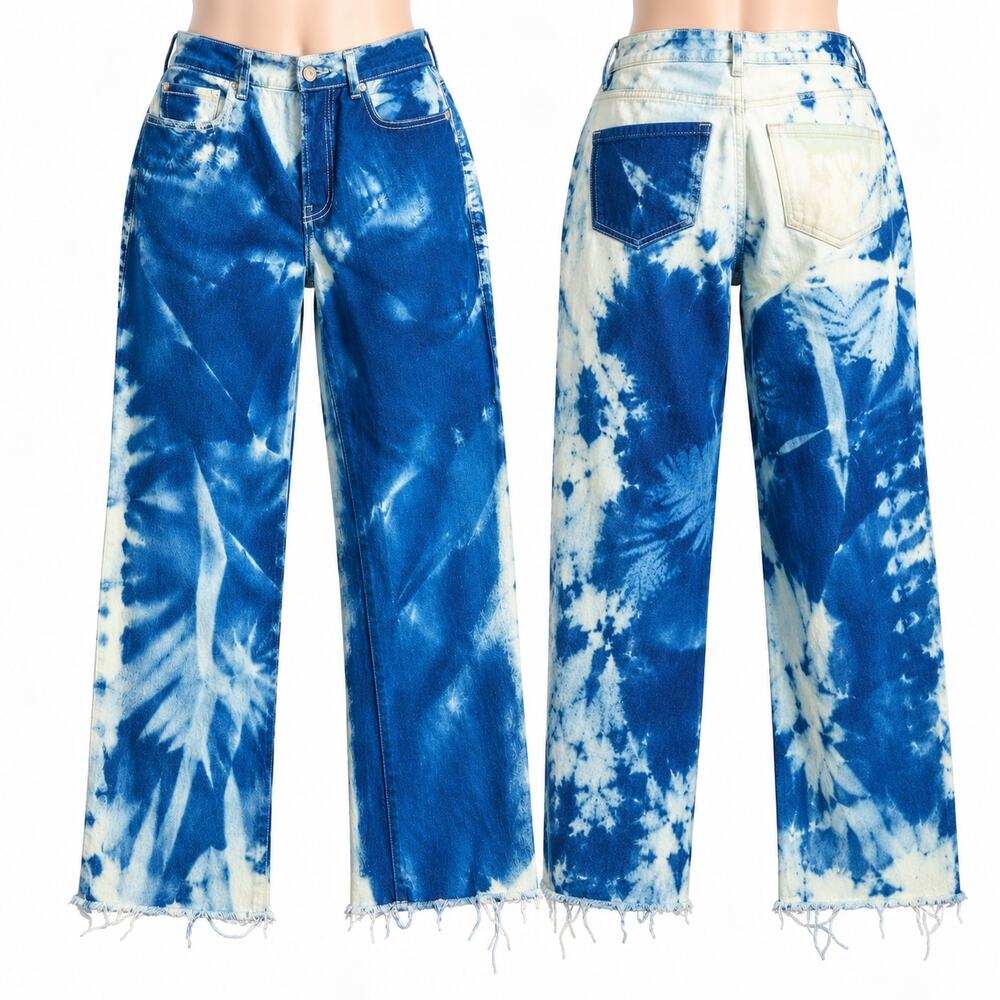 PacSun Blue White Tie Dye High Rise Straight Jeans Women's 25 Raw Hem